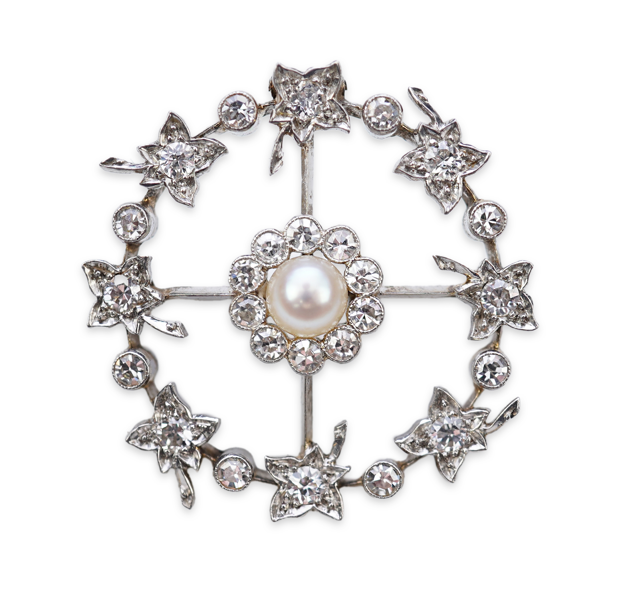 An attractive Edwardian pearl and diamond brooch, circa 1910